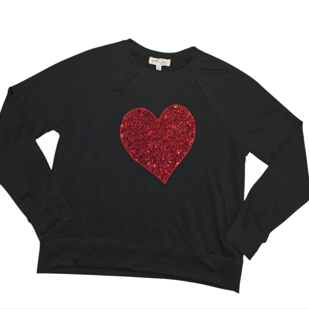 Philosophy Womens Black Lightweight Sweatshirt Top Glitter Red Heart Size Sm - Picture 1 of 5